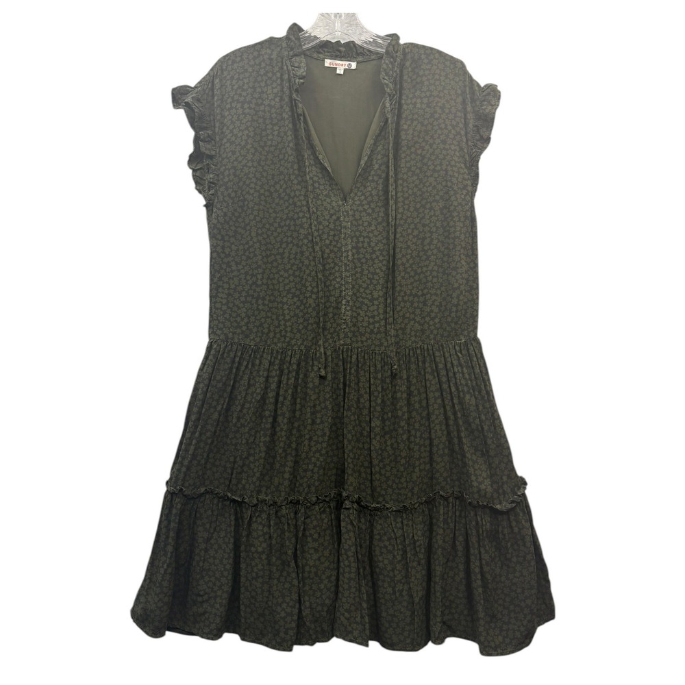 Sundry‎ Olive Green Floral Tiered Mini Dress Ruffle Sleeve Boho USA Made 1